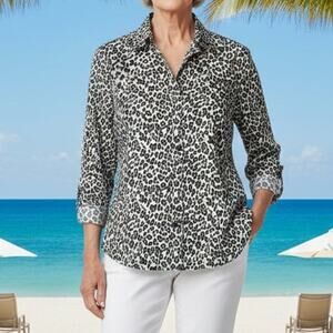 Lauren Ralph Lauren Tan Black Gray Leopard Long Sleeve Button Down Shirt Large